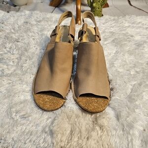 Cork‎ Wedge Sandals Tan Leather Peep Toe Slingback Espadrille Style